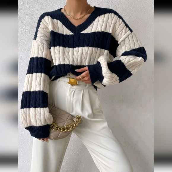 Two Tone Cable Knit Drop Shoulder Sweater - Picture 2 of 6